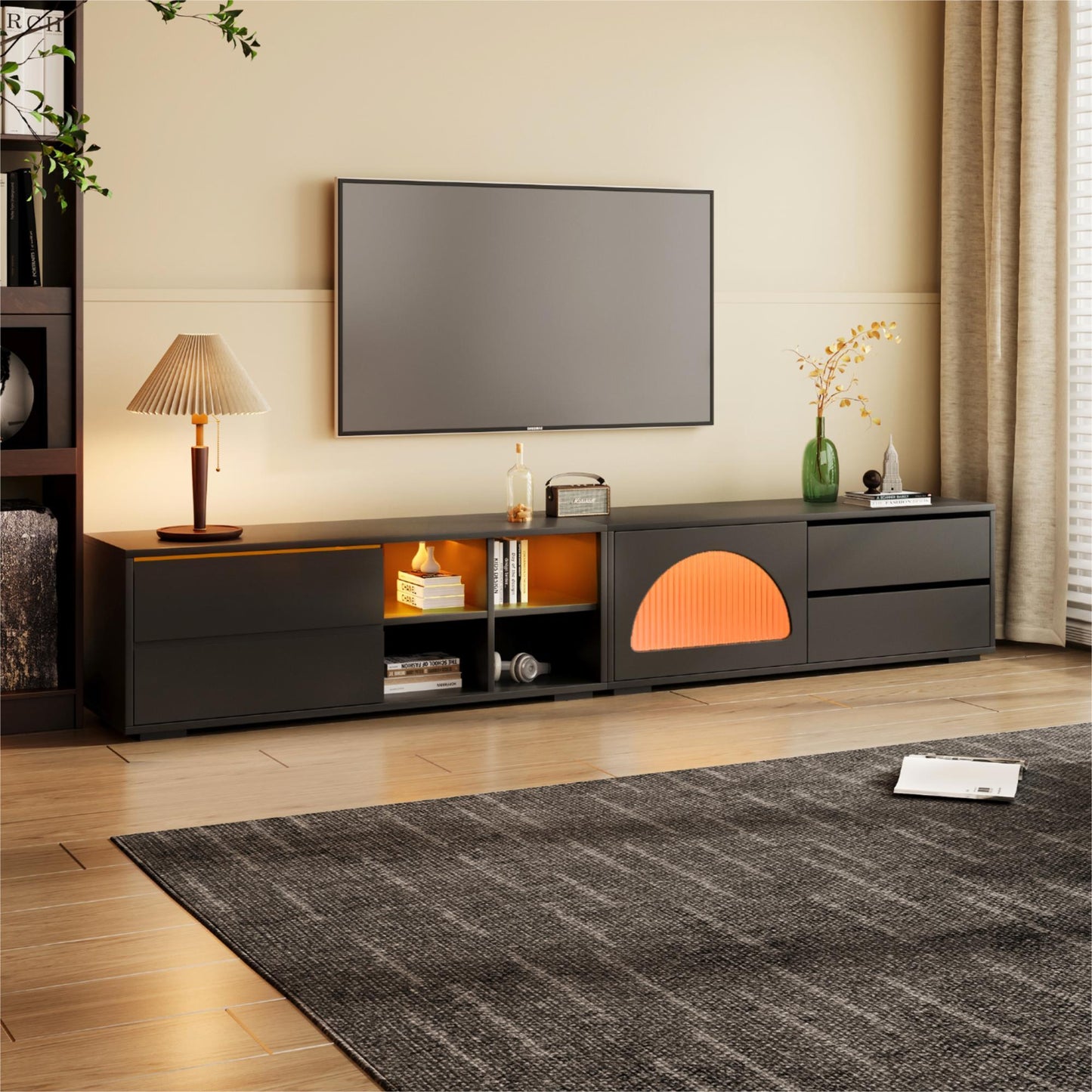 ON-TREND Modern TV Stand with Fluted Glass Door for TVs Up to 100', Media Console with Sliding Door & 2 Drawers, Free-Combination Entertainment Center with LED Light for Living Room, Bedroom, Black