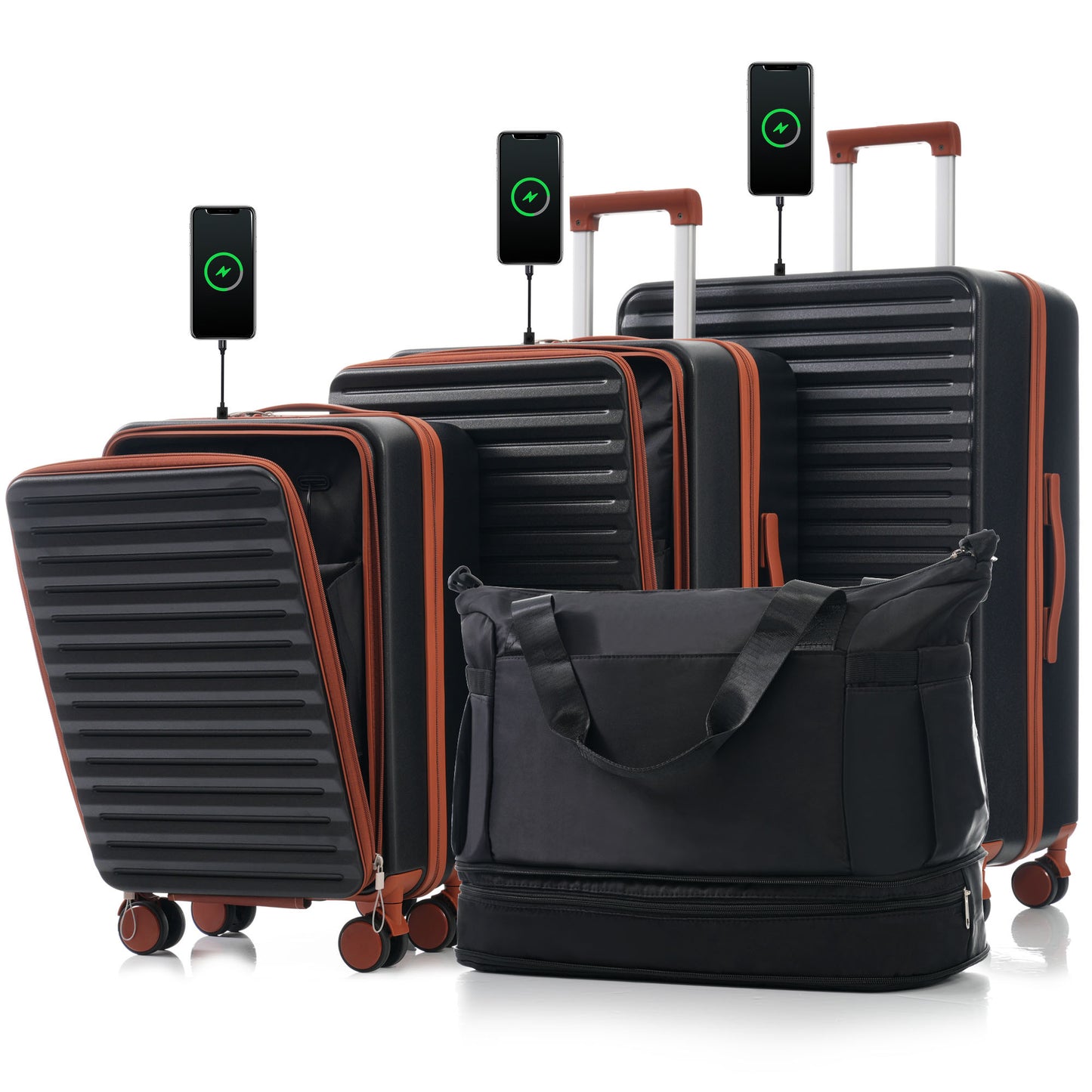 luggage 4 Piece 20/24/28/Sets and a bag, 20 '24' with front pocket ,Hard Shell Luggage Carry on Luggage Set with TSA Lock
, usb, universal wheel,cup holder,black