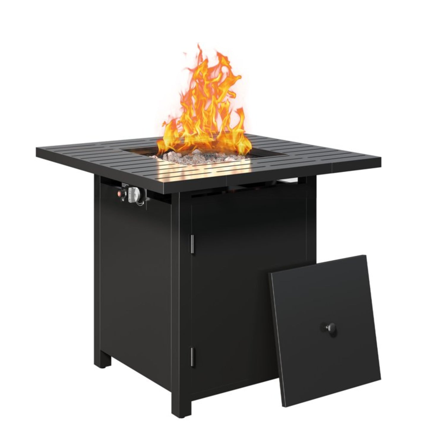 30”Width Outdoor 2-in1 Black Powder Coated Fireplace Table, 50000 BTU CSA Certified Propane Square Gas Fire Pit Table with Stainless Burner, Lid, Lava Rocks and Waterproof Cover