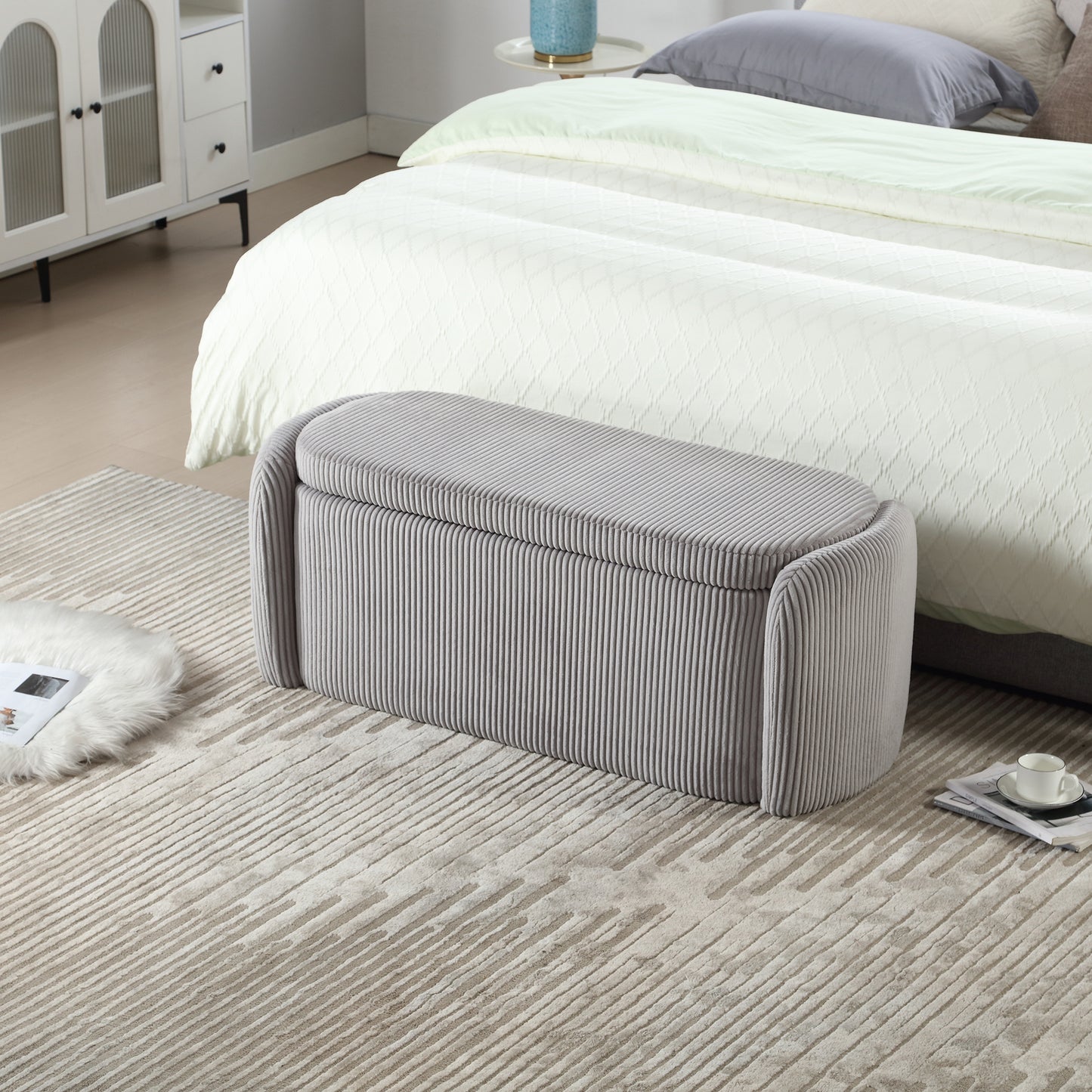 House Hold Storage Ottoman,Bedroom End Bench,Upholstered Fabric Storage Ottoman with Safety Hinge, Entryway Padded Footstool, Ottoman Bench for Living Room & Bedroom (Light Gray)