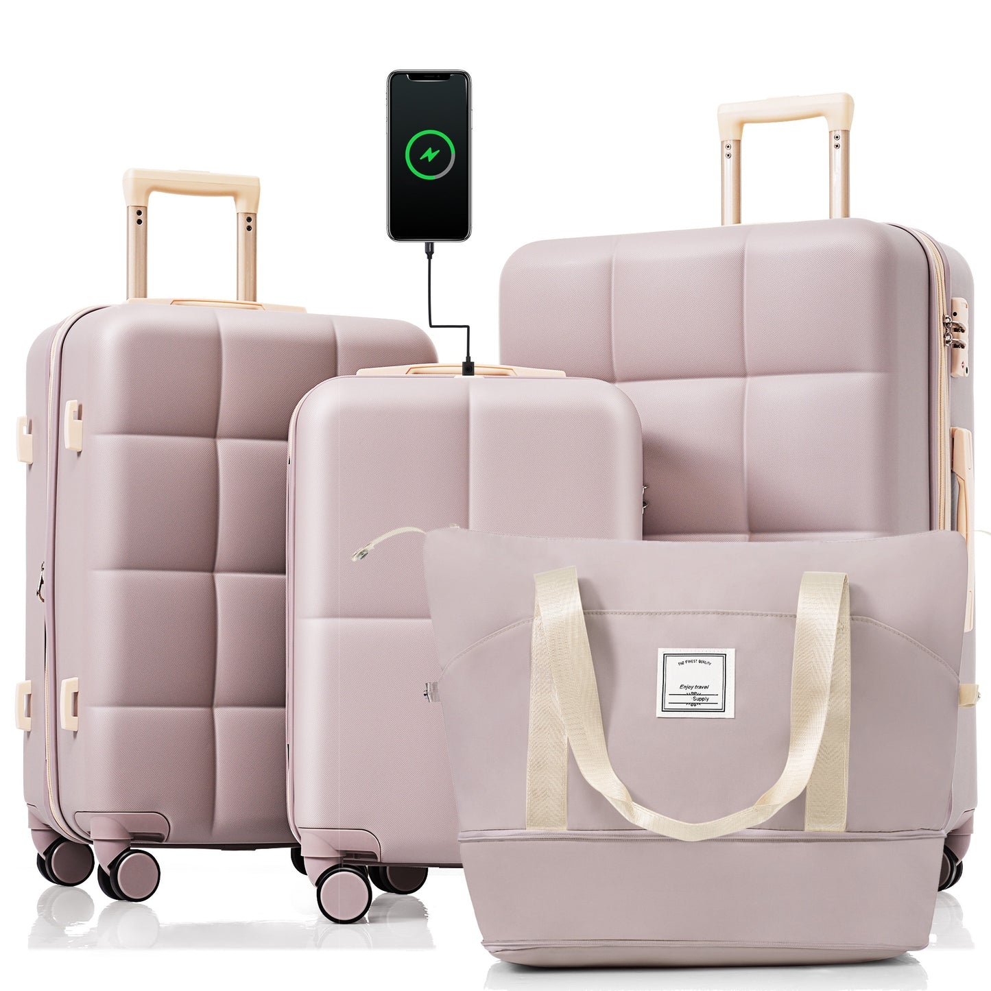 Luggage Sets 4 Piece, 20-inch with USB Port, Expandable ABS Durable Suitcase with Travel Bag, Cup Holder, ABS Hard Shell Luggage with Spinner Wheels, RosyBrown