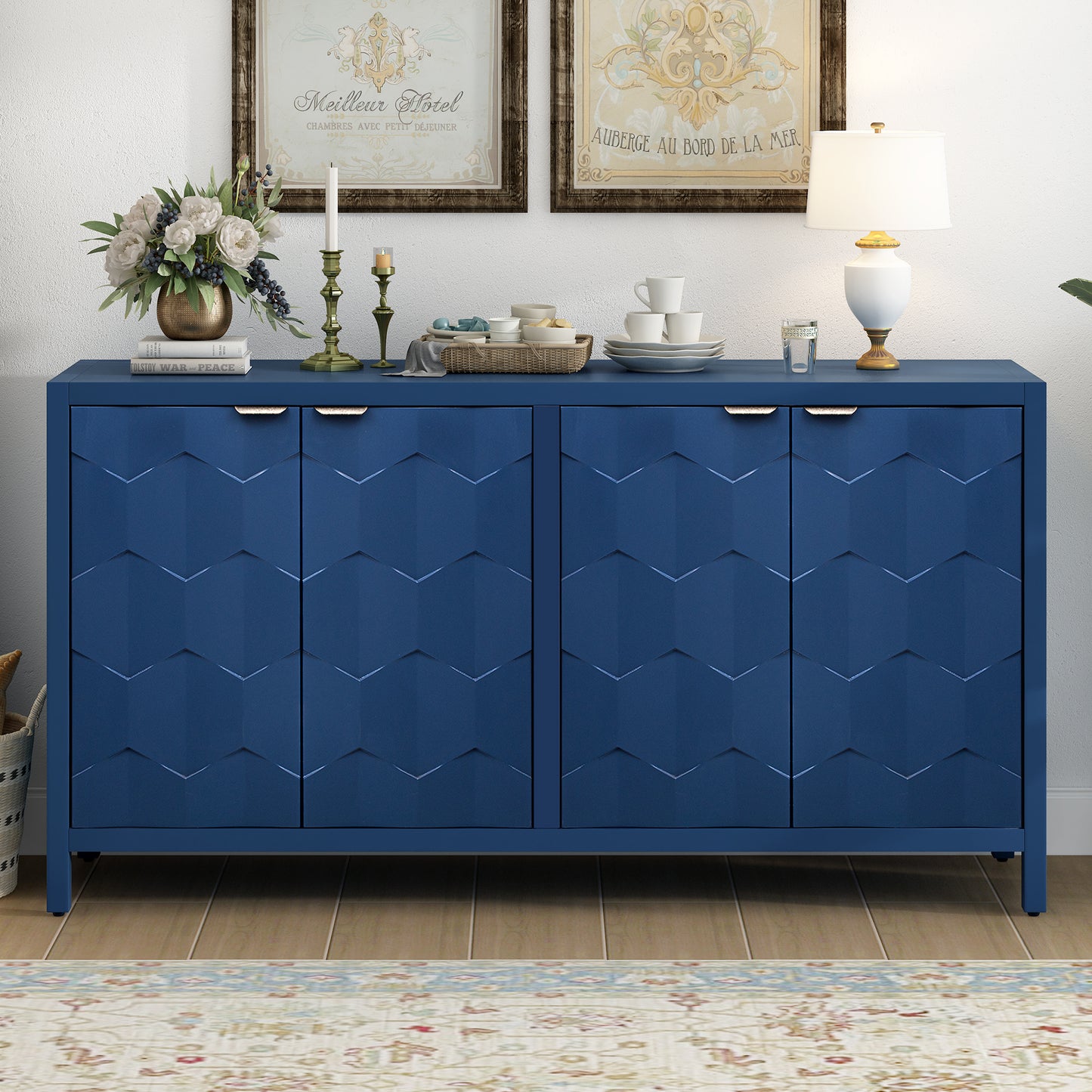 U_STYLE Luxurious Four-Door Sideboard with Honeycomb Patterned Doors, Offering Ample Storage for Study,Entrance and Living Room