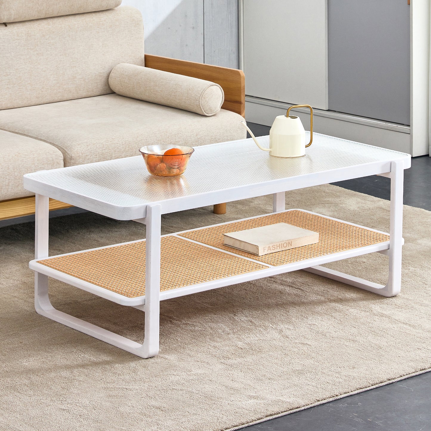 Modern minimalist white double layered solid wood coffee table. Glass tabletop, imitation rattan edge table. Rectangular table suitable for living room, dining room, and bedroom