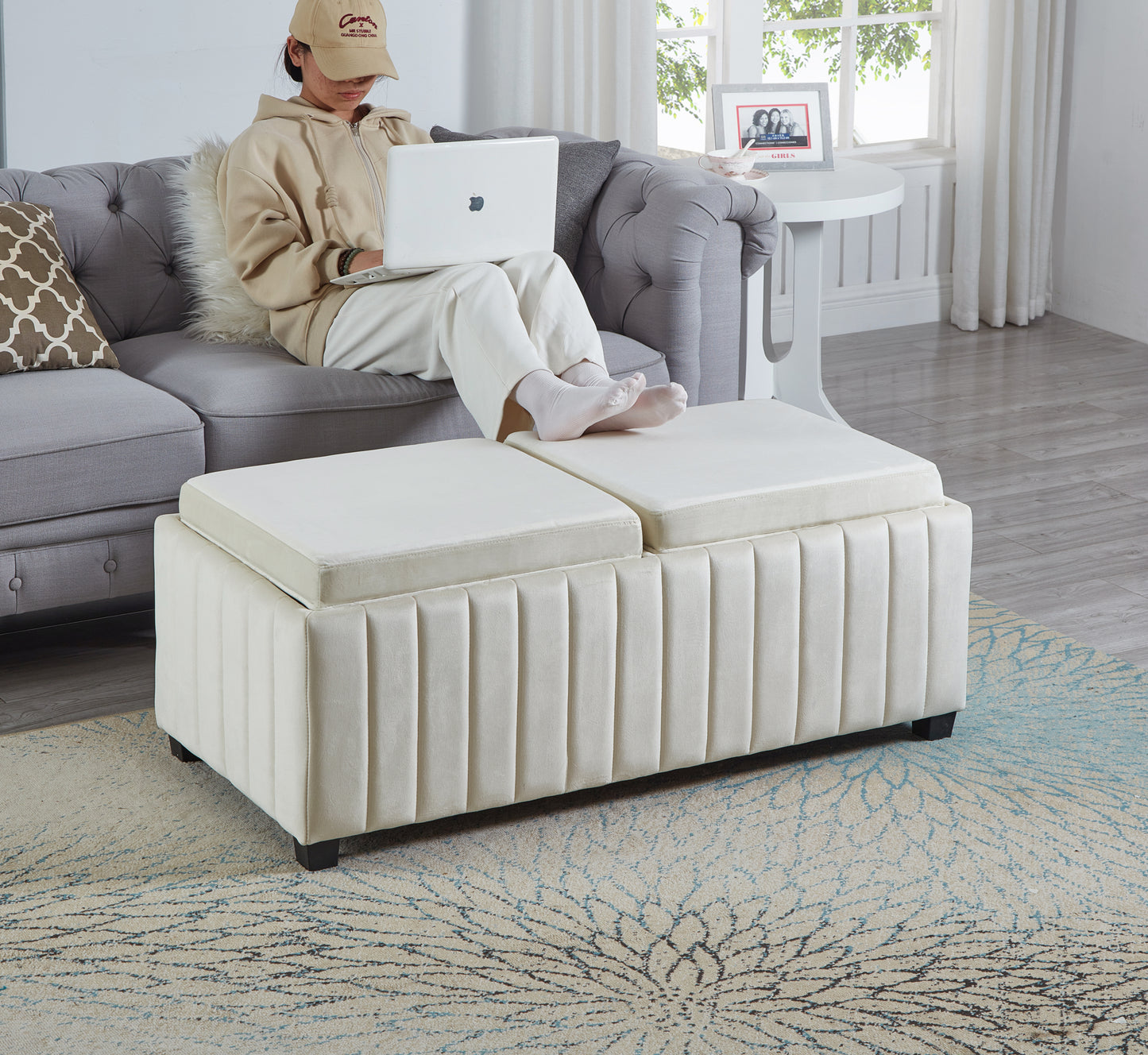 45 inch Wide Contemporary Square CubeStorage Ottoman Bench, Storage Bench with coffee tray,coffee table for Living Room Ottoman foot rest for Bedroom End of Bed, BEIGE velvet fabric in modern SAWING