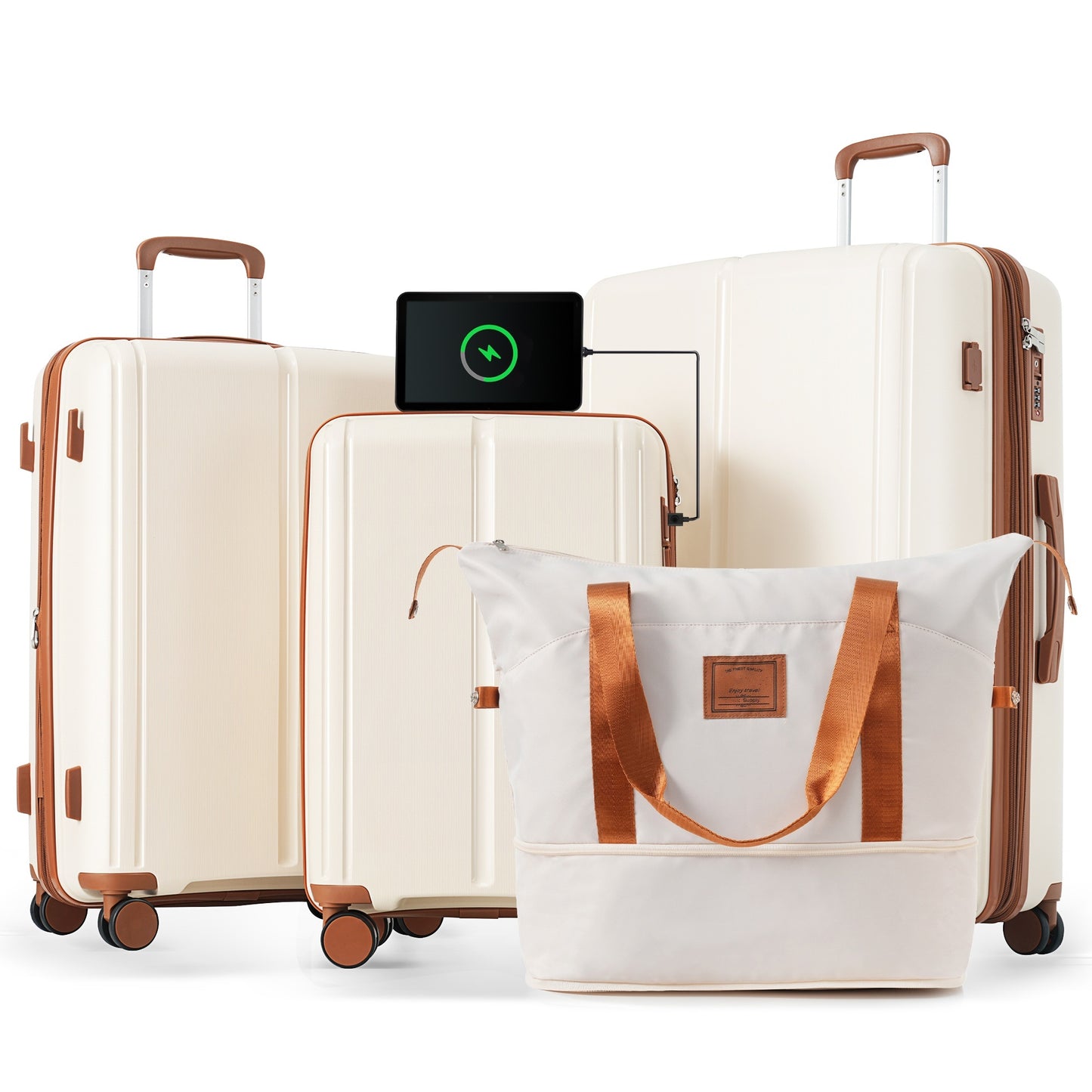 Luggage Sets 4 Piece, Expandable PP Lightweight Suitcase with Travel Bag, Carry On Luggage Suitcase Set with 360° Spinner Wheels, Ivory and Brown