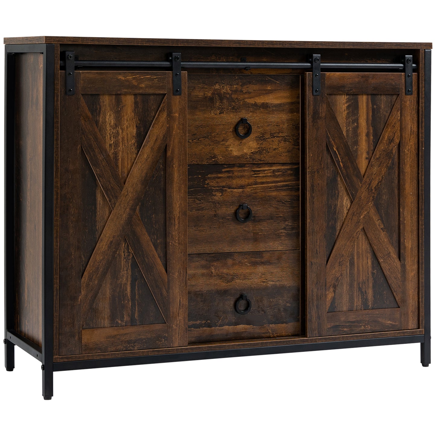 HOMCOM Industrial Farmhouse Buffet Cabinet, Kitchen Sideboard with Sliding Barn Doors, Three Drawers and Adjustable Shelves for Living Room, Dining Room, Rustic Brown