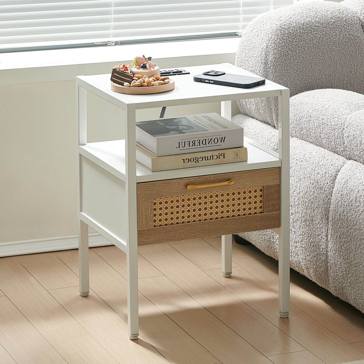 15.75' Rattan End table with Power Outlet & USB Ports , Modern nightstand with drawer and metal legs, side table for living room, bedroom,white(1 PC)