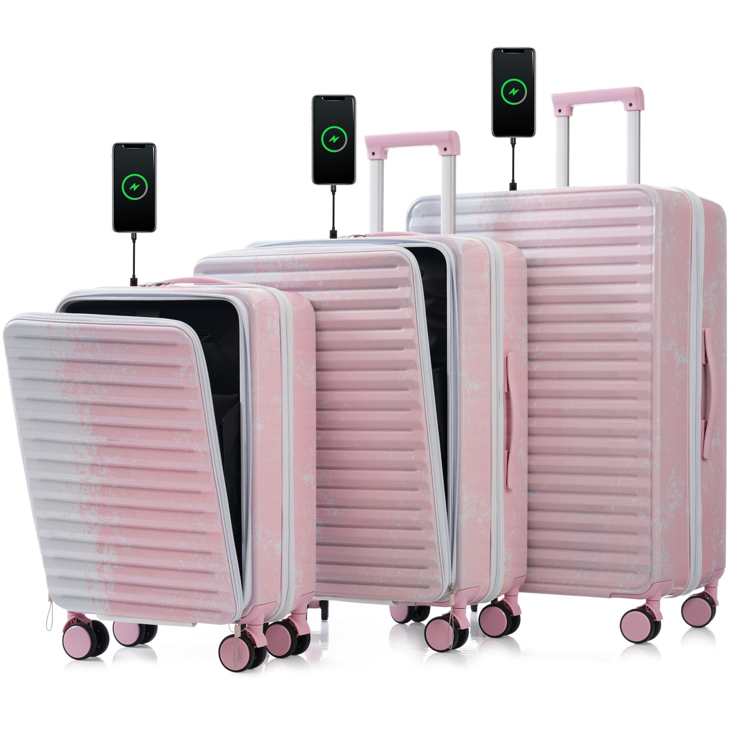 Luggage 3 Piece Sets20/24/28', 20 '24' with front pocket,Hard Shell Luggage Carry on Luggage Set with TSA Lock
, usb interface, universal wheel,cup holder,gradient pink