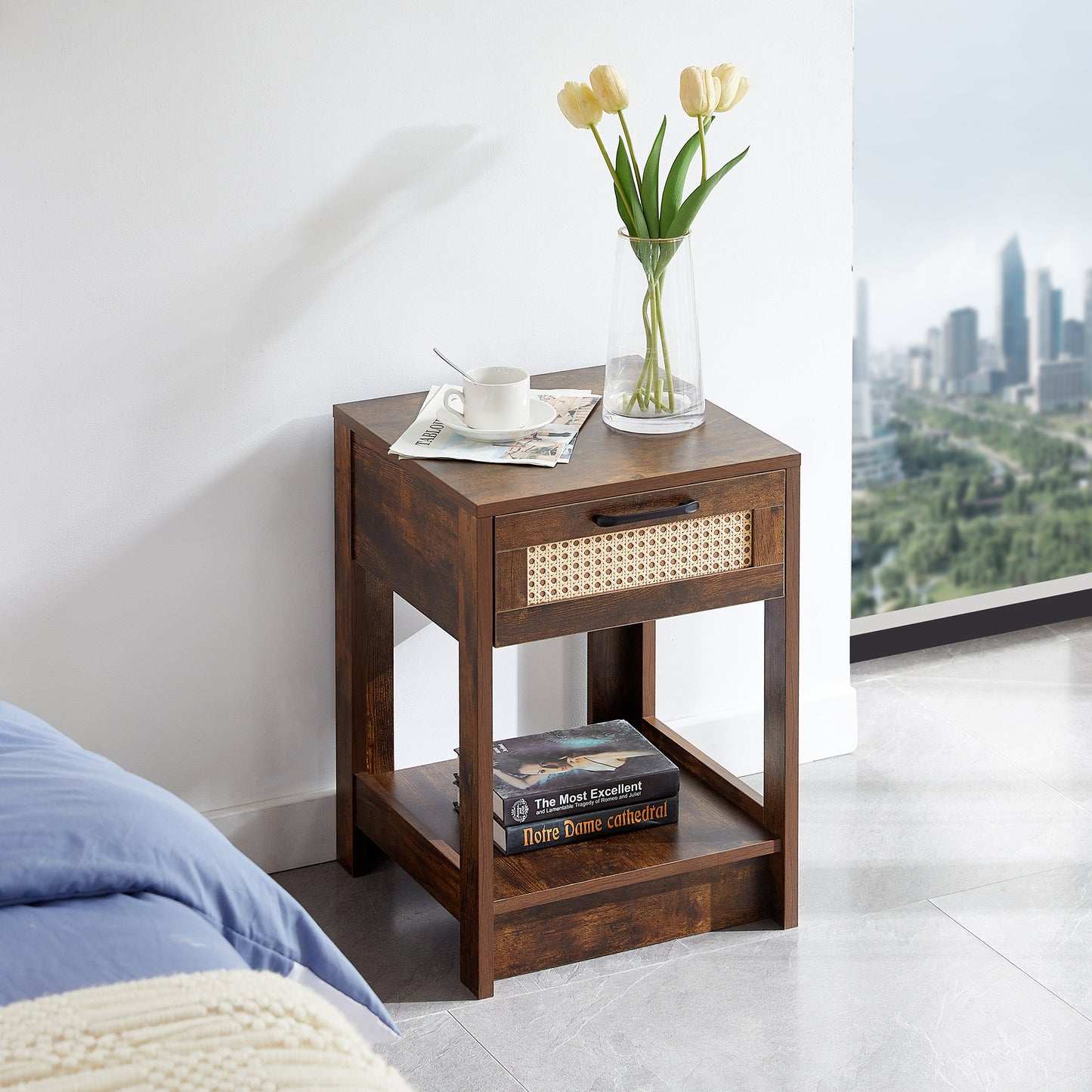 15.75' Rattan End table with drawer, Modern nightstand, side table for living room, bedroom,Rustic Brown