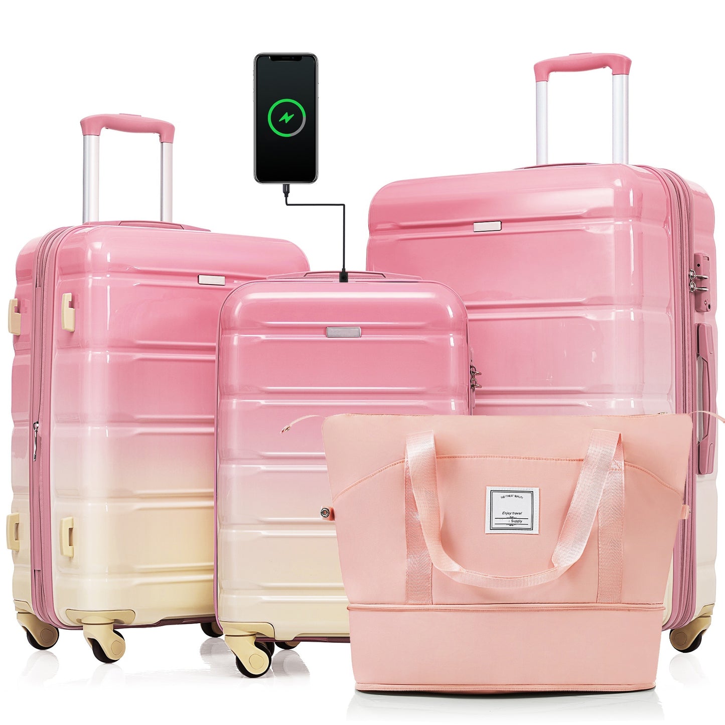 Luggage Sets 4 Piece, 20-inch with USB Port, Expandable ABS Durable Suitcase with Travel Bag, Cup Holder, ABS+PC Hard Shell Luggage with Spinner Wheels, Gradient Pink