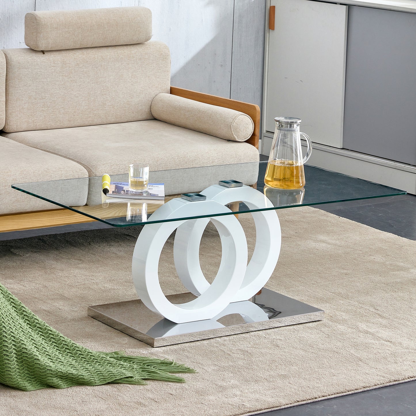 Rectangular modern and fashionable coffee table with tempered glass tabletop and white legs. Suitable for living room.47.2'*25.4'*17.9'