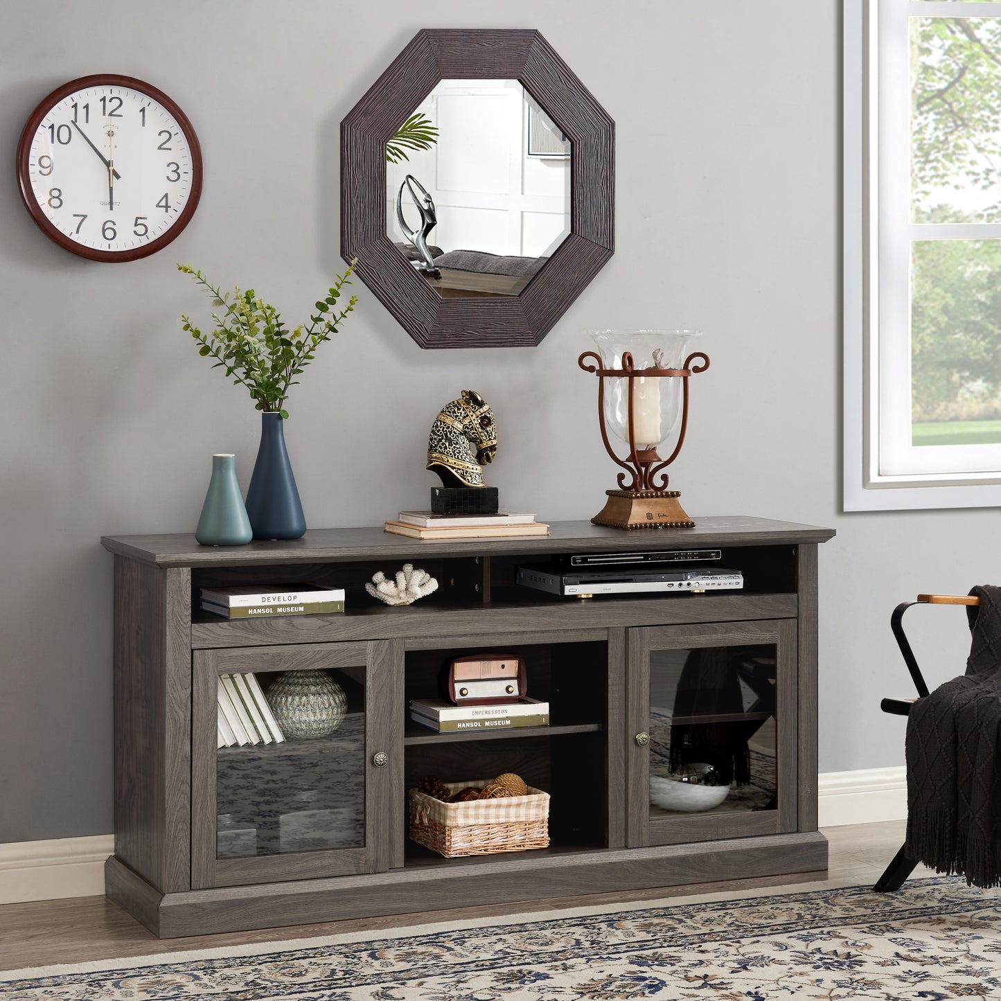 Retro TV Stand for 65'' TV, TV Console Cabinet with Storage, Open Shelves Entertainment Center for Living Room and Bedroom, Dark Walnut 60'W*15.75'D*29'H
