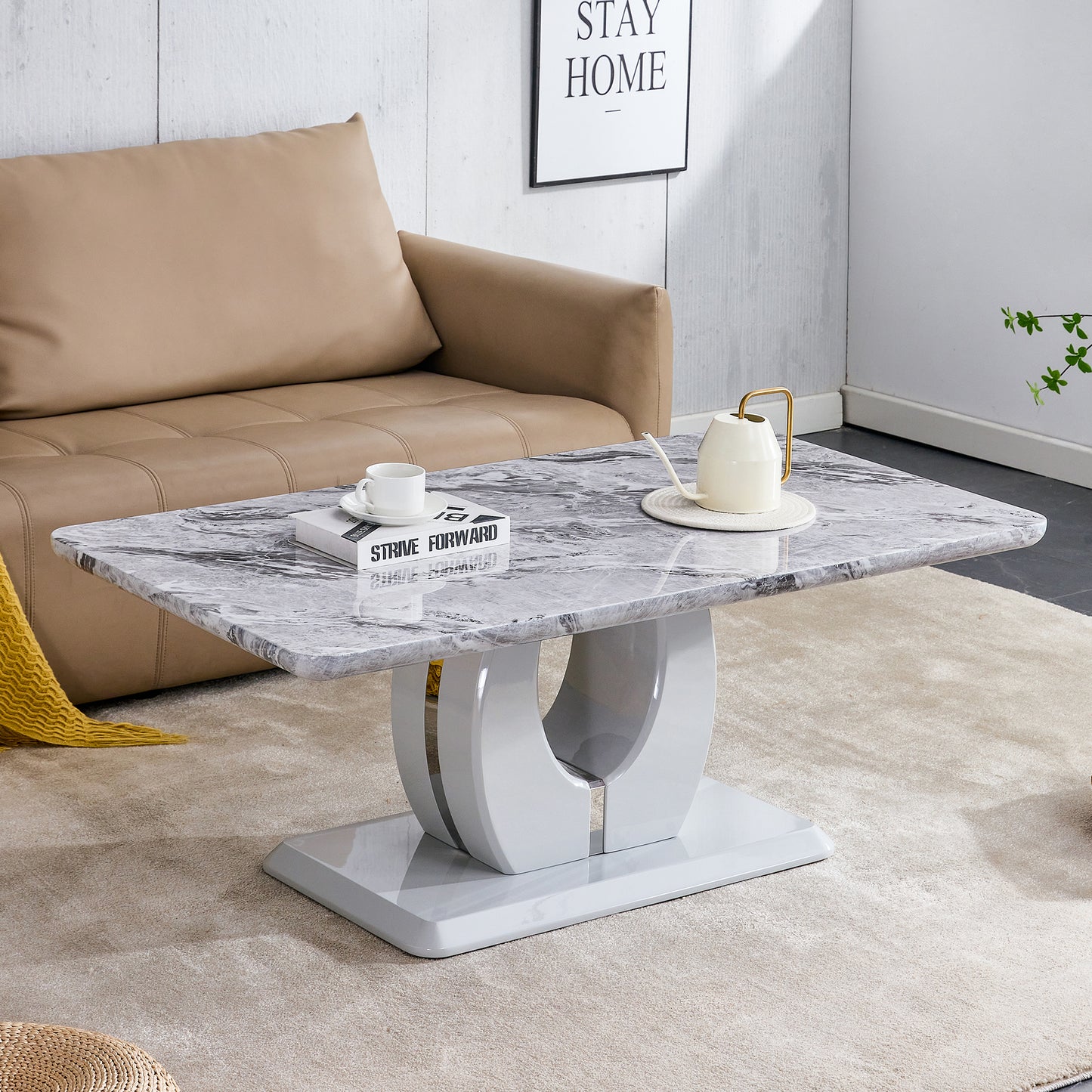Modern luxury imitation marble light gray tea table,coffee table, paired with silver stainless steel decorative strips. Computer desk. Game table. CT-1280