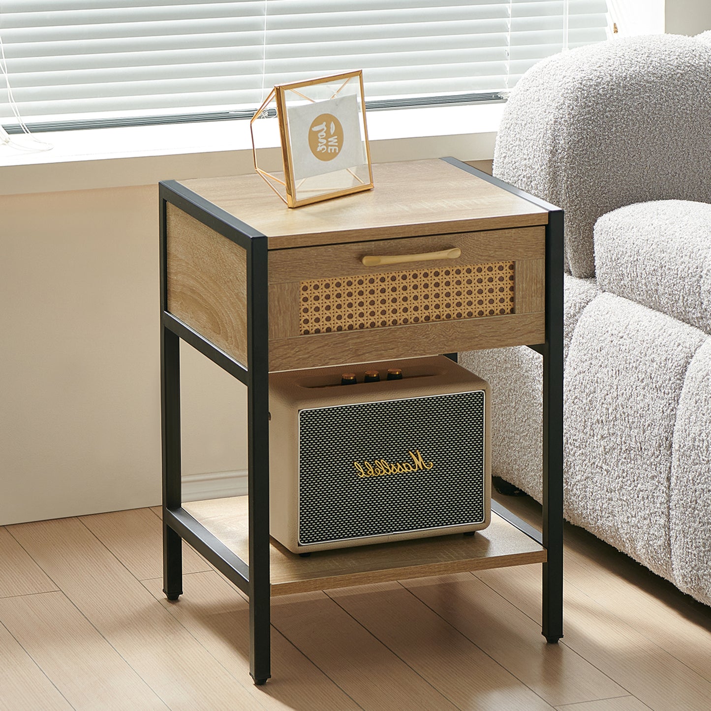 15.74' Rattan End table with drawer, Modern nightstand, metal legs,side table for living room, bedroom,natural(1 pc)