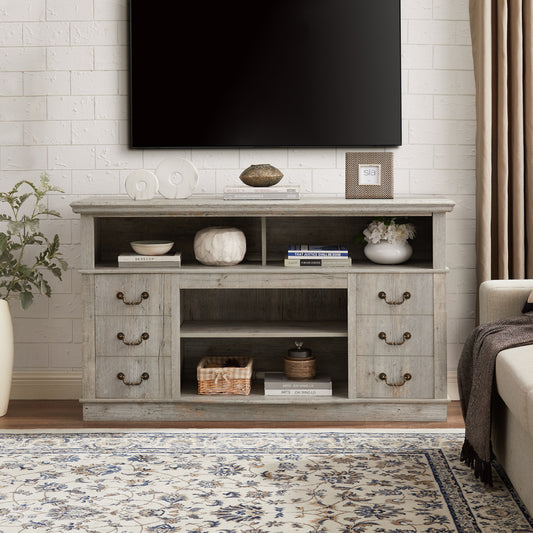 Traditional TV Media Stand Farmhouse Rustic Entertainment Console for TV Up to 65' with Open and Closed Storage Space, Light Gray, 60'W*15.75'D*34.25'H