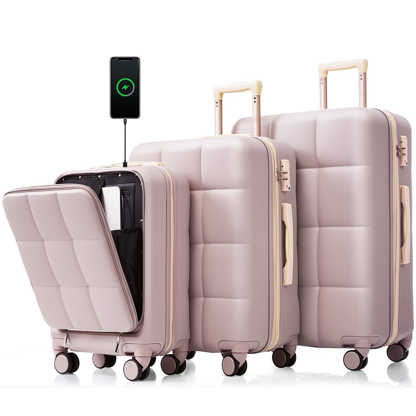 Luggage Sets 3 Piece, 20-inch with USB Port and front opening design,  ABS Hard Shell Luggage with Spinner Wheels, Cup Holder, RosyBrown