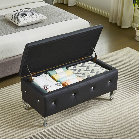 Upholstered Storage Ottoman Bench For Bedroom End Of Bed Faux Leather Rectangular Storage Benches Footrest With Crystal Buttons For Living Room Entryway (Black)