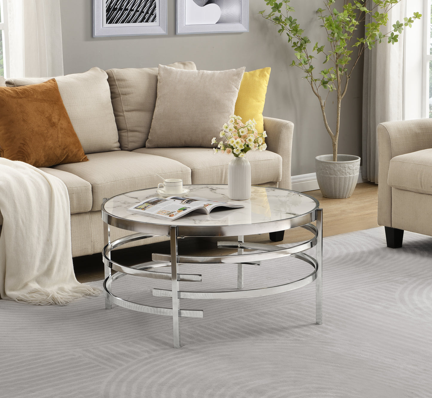 32.48'' Chrome Round  Coffee Table With Sintered Stone Top&Sturdy Metal Frame, Modern Coffee Table for Living Room, Silver