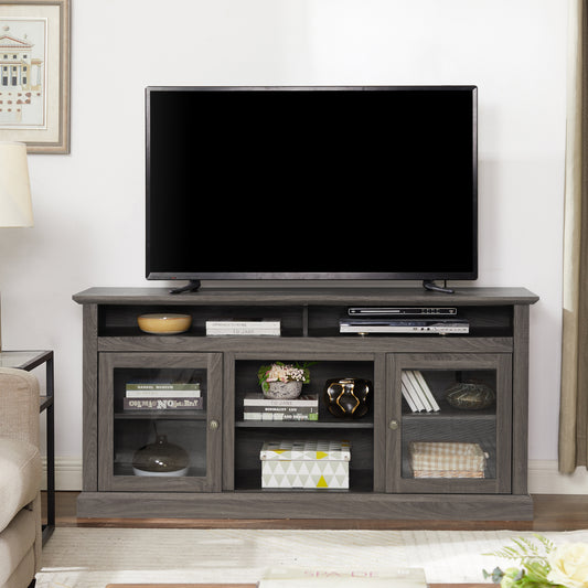 Contemporary TV Media Stand Modern Entertainment Console for TV Up to 65' with Open and Closed Storage Space, Dark Walnut/Black, 60'W*15.75'D*29'H