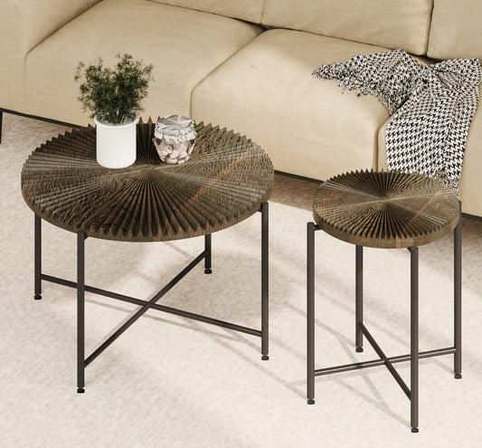 Radial Pattern 2-Piece Coffee and End Table Set – Waterproof MDF with PVC Cover, Distressed Cylindrical Design, Black Metal Legs – Classic Rustic Charm, Dark Walnut