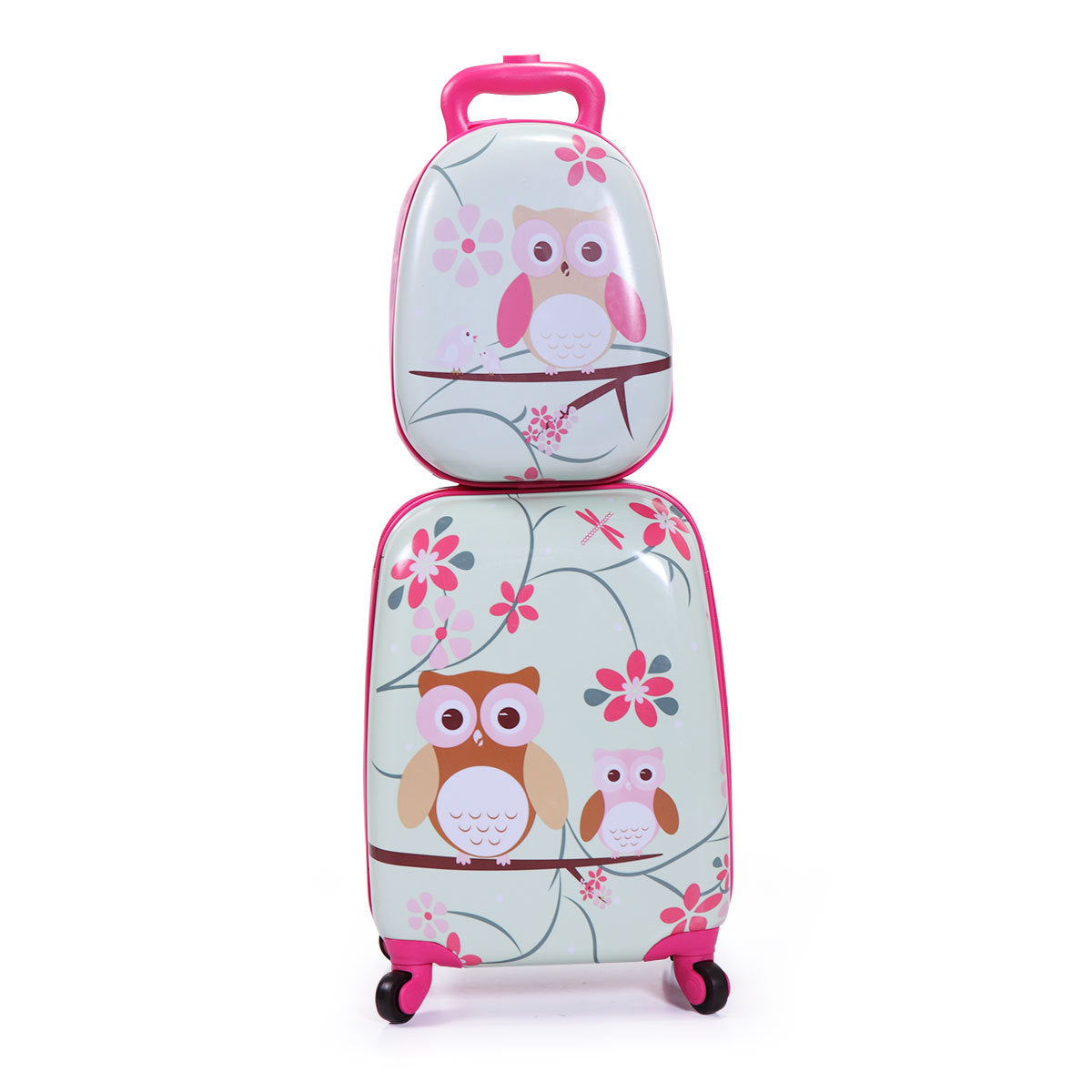 2 PCS Kids Luggage Set, 12' Backpack and 16' Spinner Case with 4 Universal Wheels, Travel Suitcase for Boys Girls, Pink with Animal Patterns