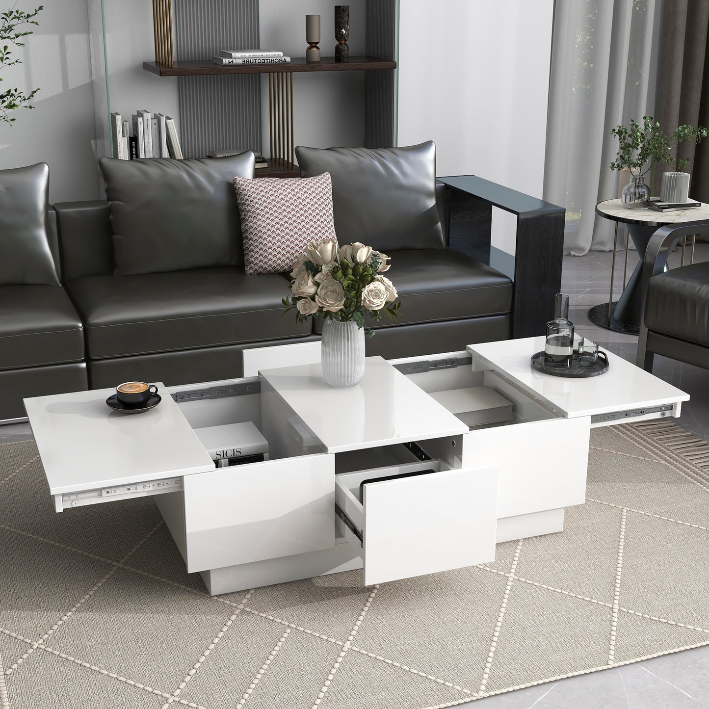 [VIDEO provided] ON-TREND Coffee Table with 2 large Hidden Storage Compartment, Extendable Cocktail Table with 2 Drawers, High-gloss Center Table with Sliding Top for Living Room, 39.3'x21.6', White