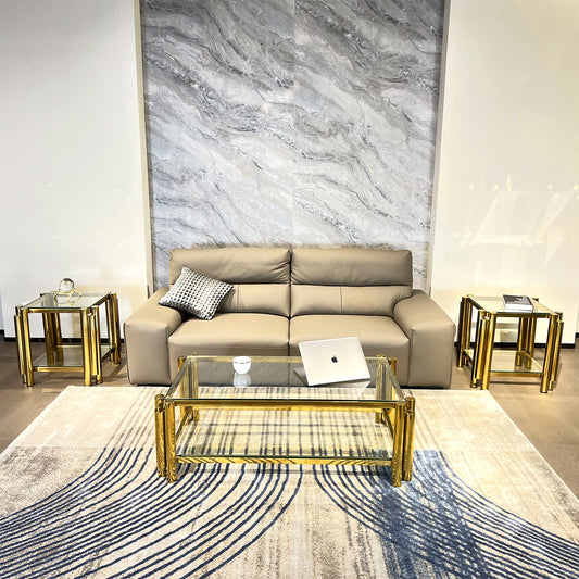 Modern Stainless Steel Coffee Table Set (Set of 3), Double-Layer Clear Tempered Glass Table Top, Coffee Table & Two End Side Table 3-Pieces Sets for Living Room Home Office, Gold
