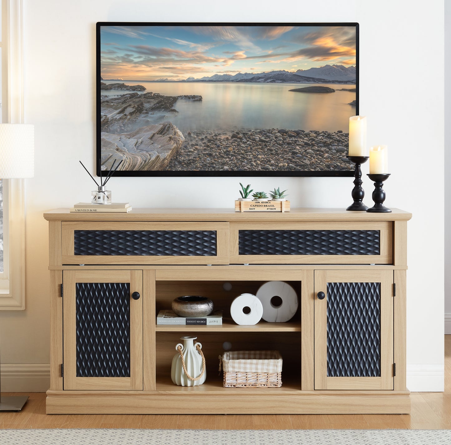 Embossed Pattern TV Stand, TV and Media Console with Open and Closed Storage Space and sliding door for Living Room & Bedroom, LIGHT OAK, 58.27'W*15.35'W*31.7H
