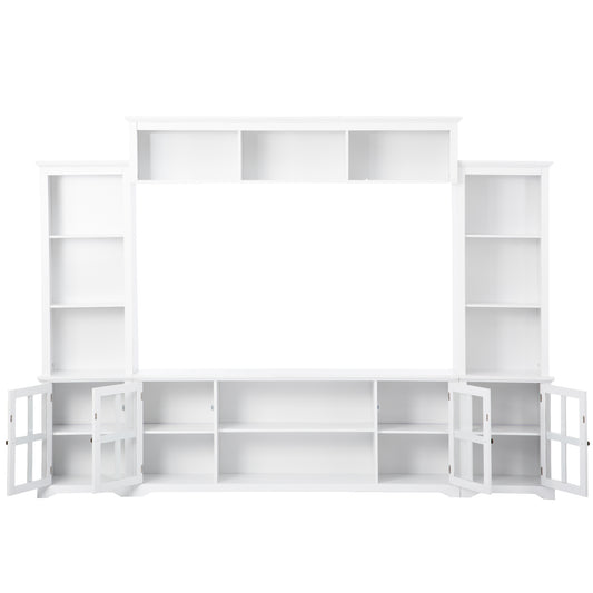 ON-TREND Minimalism Style Entertainment Wall Unit with Bridge, Modern TV Console Table for TVs Up to 70', Multifunctional TV Stand with Tempered Glass Door, White
