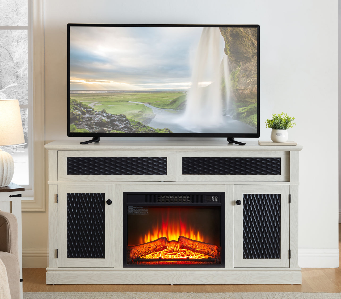 Embossed Pattern TV Stand with 23' fireplace insert,, TV and Media Console with Open and Closed Storage Space and sliding door for Living Room & Bedroom,White, 58.27'W*15.35'W*31.7H