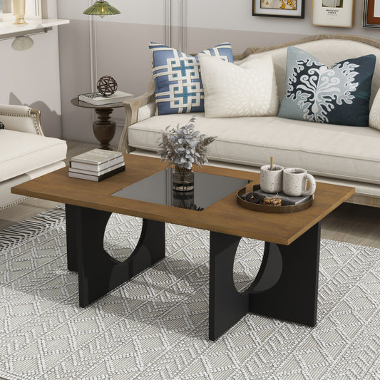 47'  Contemporary Wood Rectangular Coffee Table with  Clear Tempered Glass Top,  Black and Light Espresso Top