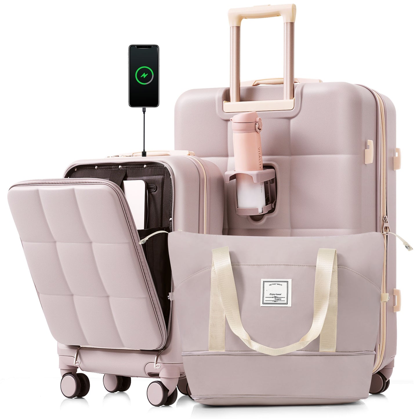 3-Piece Luggage Set with 20' Front-Opening Carry-On, 28' Expandable Suitcase, and Expandable Travel Bag, RosyBrown