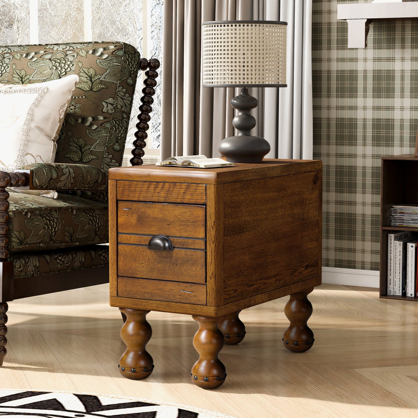 Solid Wood End Table, Rectangle 23.6 inch Narrow Side Table with Drawer, Vintage Bedside Table Nightstand for Small Spaces, Living Room, Bedroom, Easy Assembly, Antique Brown