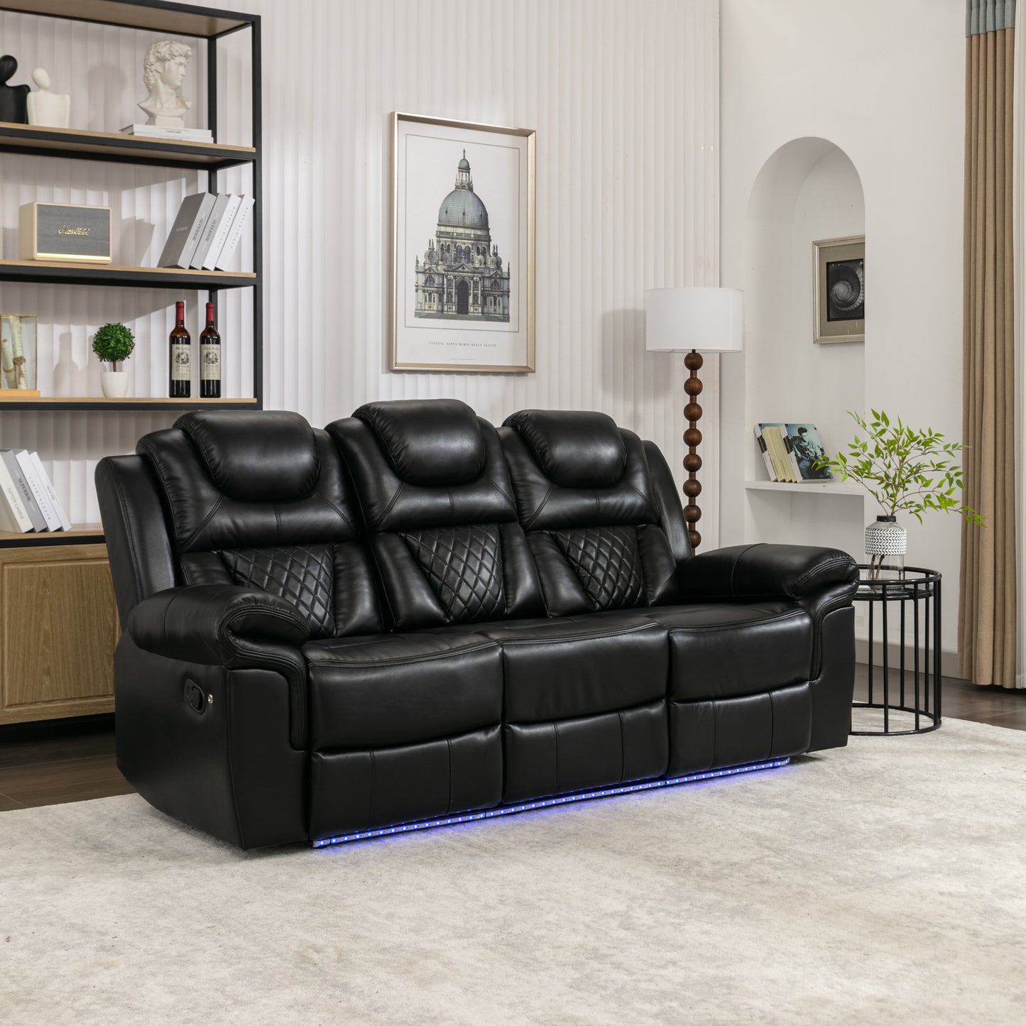 Home Theater Seating Manual Recliner Chair with Center Console and LED Light Strip for Living Room, Black
