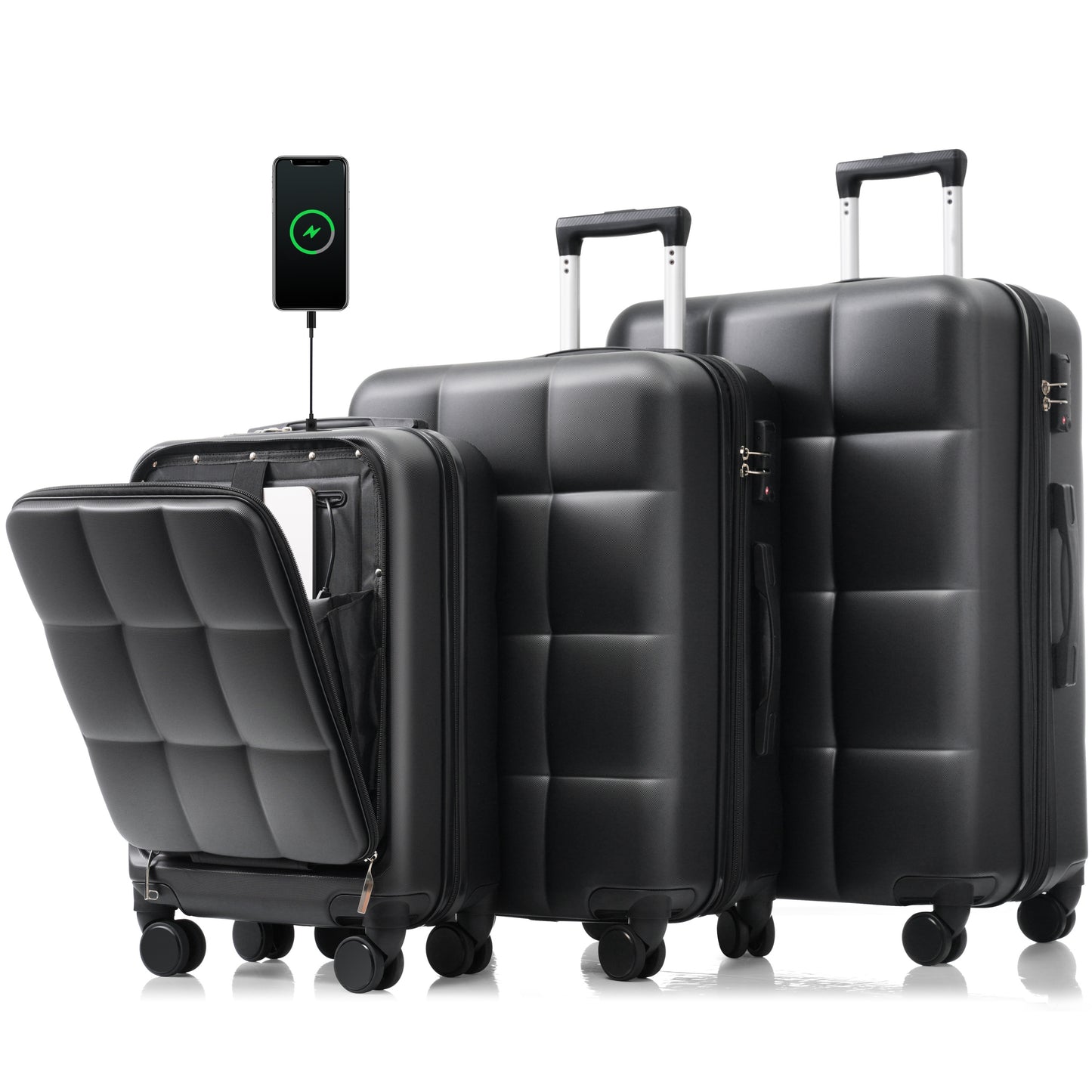 Luggage Sets 3 Piece, 20-inch with USB Port and front opening design,  ABS Hard Shell Luggage with Spinner Wheels, Cup Holder, black and brown