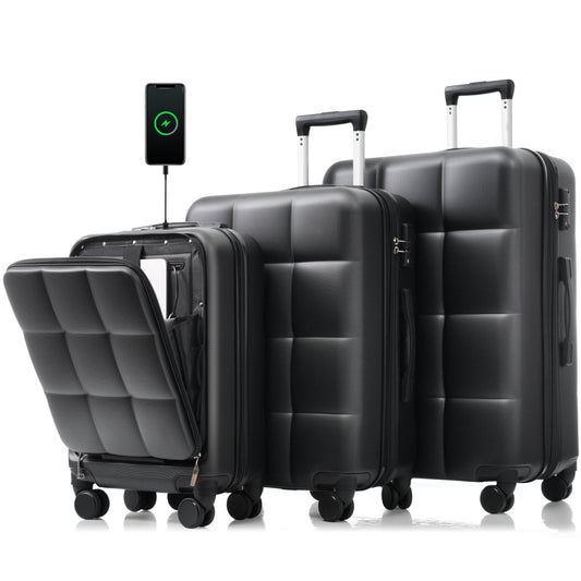 Luggage Sets 3 Piece, 20-inch with USB Port and front opening design,  ABS Hard Shell Luggage with Spinner Wheels, Cup Holder, black and brown