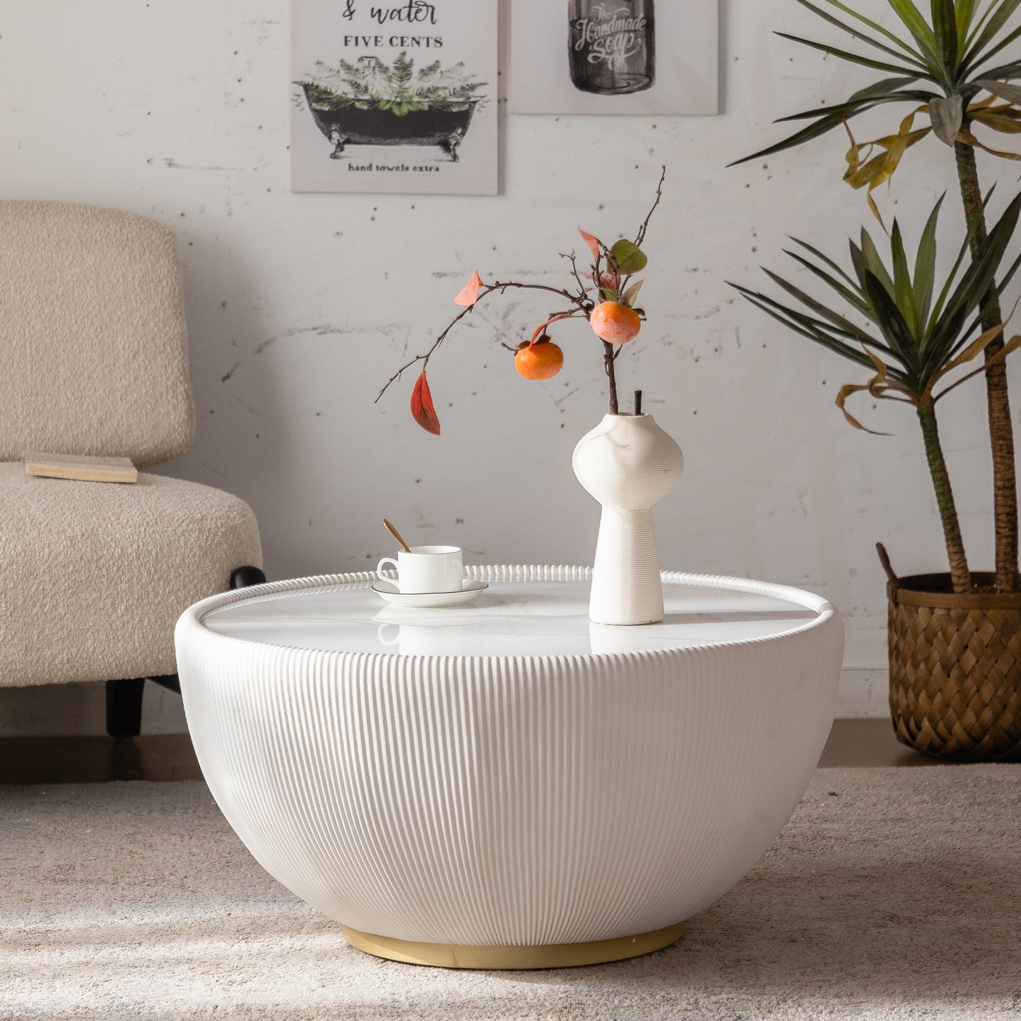 Modern Round Coffee Table, Drum Coffee Table with Sintered Stone Tabletop, Fluted PU Leather Covered and metal Base, 29.53' White Coffee Table for Living Room Home Office