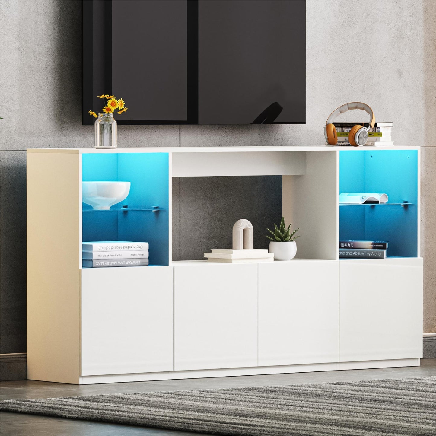 ON-TREND High Gloss TV Stand with LED Lights, Modern Sideboard with Large Storage Cabinet, Media Console with Tempered Glass Shelves for TVs up to 75', Living Room, White, 67'Wx13.7'D