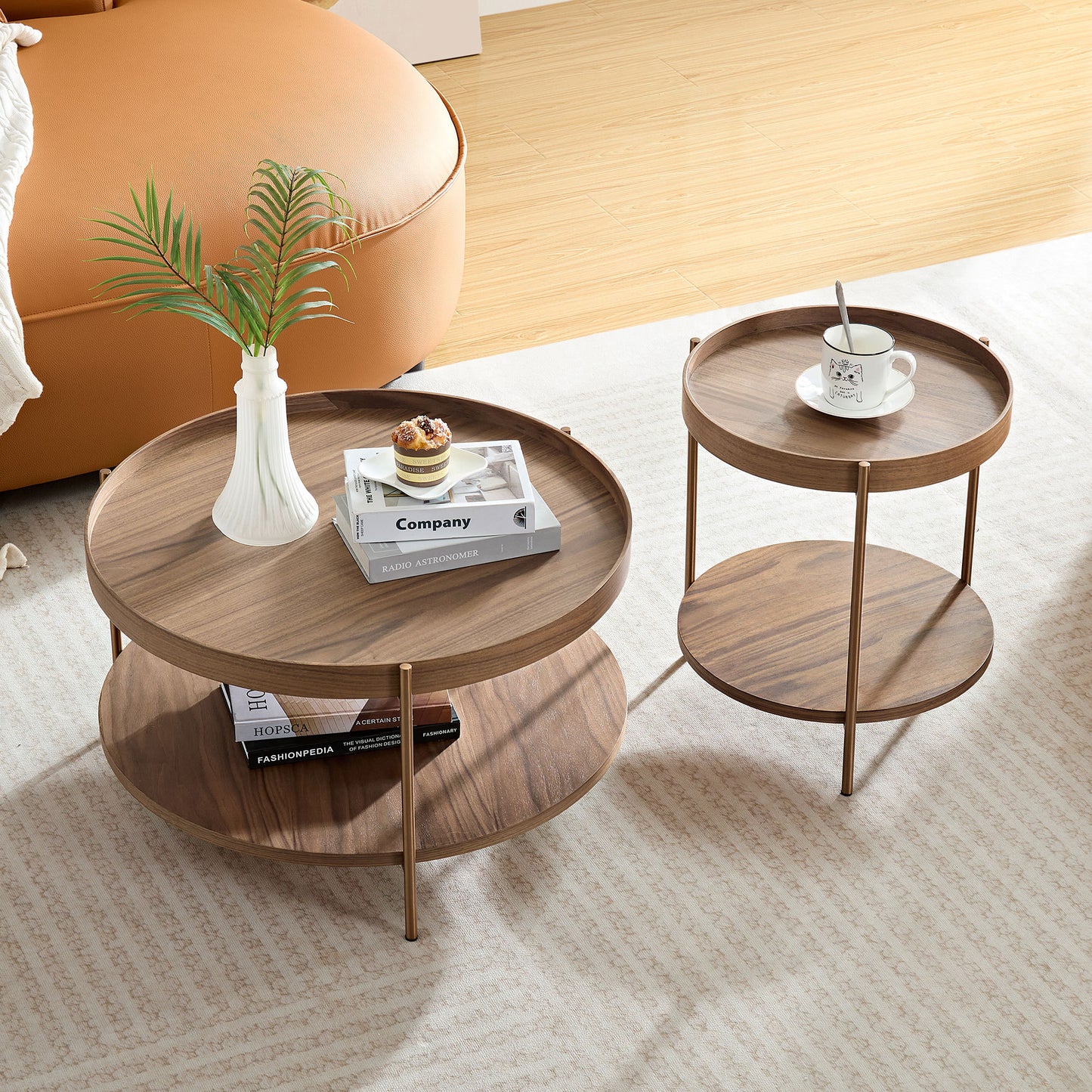 2-Piece Modern 2 tier Round Coffee Table Set for Living Room,Easy Assembly Nesting Coffee Tables, End Side Tables for Bedroom Office Balcony Yard,Walnut MDF