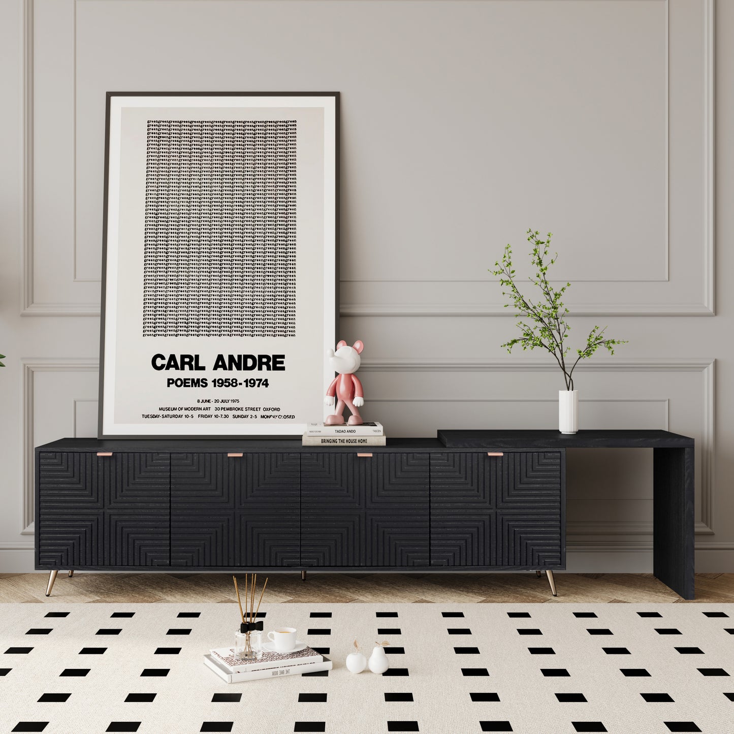 70'-90' Extendable TV Cabinet, Modern Entertainment Center with Storage and Adjustable Shelves, Lacquered and Real Wood Veneered TV Console for Living Room, Hallway, Entryway, Black