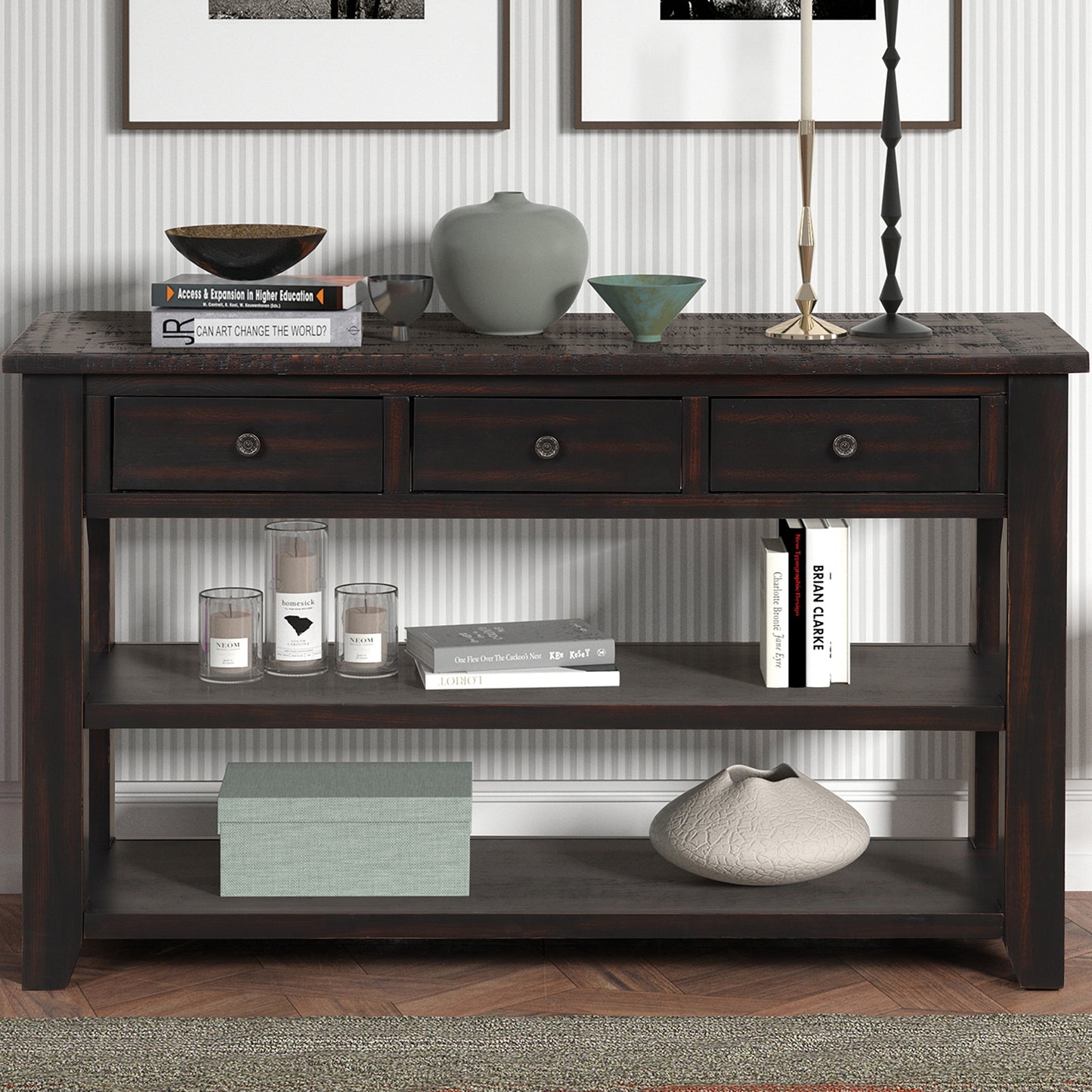 48'' Solid Pine Wood Top Console Table, Modern Entryway Sofa Side Table with 3 Storage Drawers and 2 Shelves. Easy to Assemble (Distressed Black)
