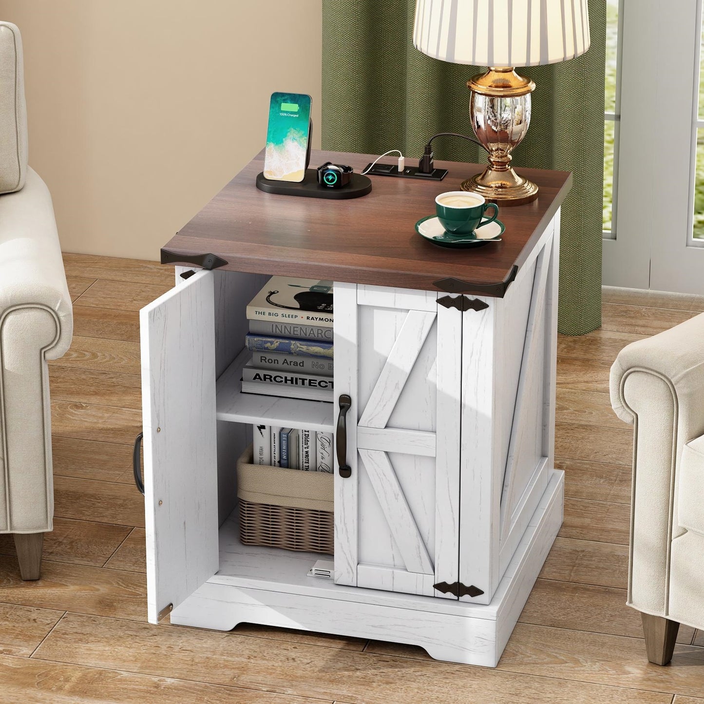 ON-TREND Farmhouse End Table with Charging Station, Rustic Wood Nightstand with Adjustable Shelf, 19.6'W Versatile Walnut Sofa Side Table with Barn Doors & Retro Hinges for Bedroom, Living Room, White