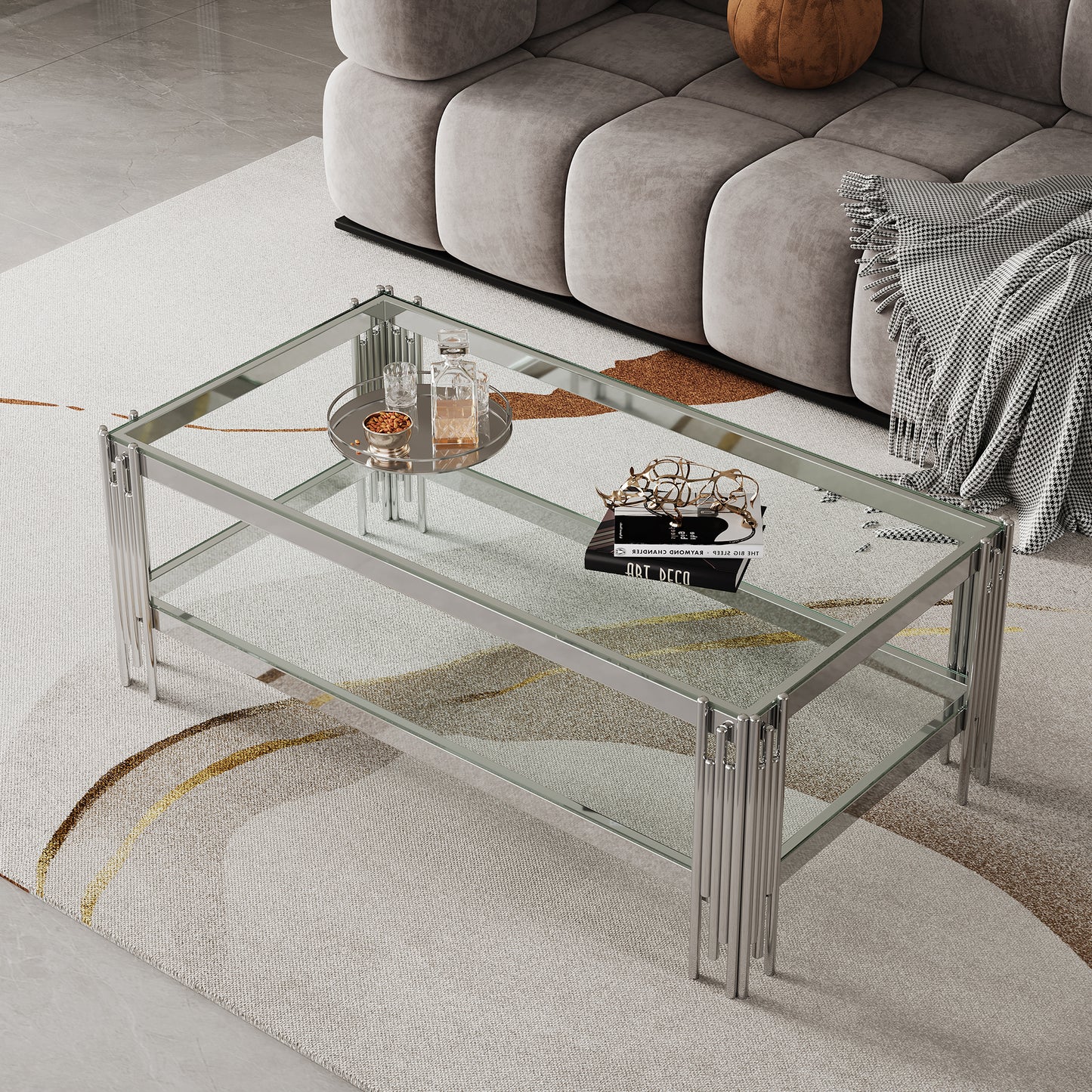 Top and Bottom Double Layer Tempered Glass Coffee Table and Mirror Finished Stainless Steel Frame
