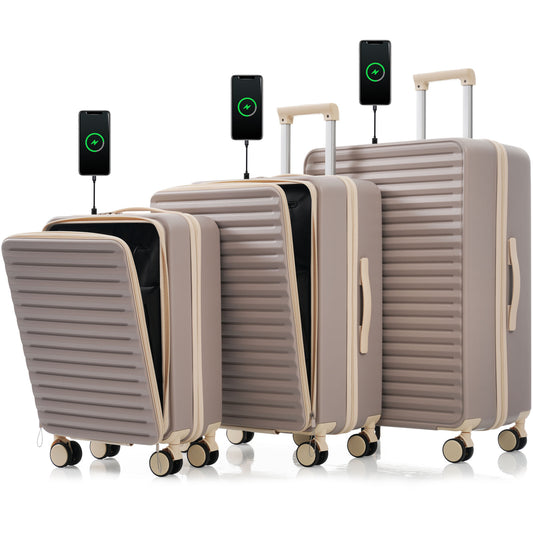 Luggage 3 Piece Sets20'24'28', 20 '24' with front pocket,Hard Shell Luggage Carry on Luggage Set with TSA Lock ,
 usb, universal wheel,cup holder,light brown