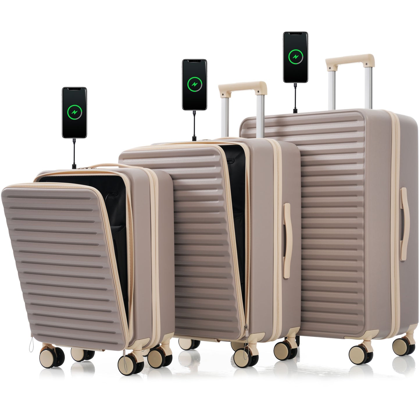 Luggage 3 Piece Sets20'24'28', 20 '24' with front pocket,Hard Shell Luggage Carry on Luggage Set with TSA Lock ,
 usb, universal wheel,cup holder,light brown