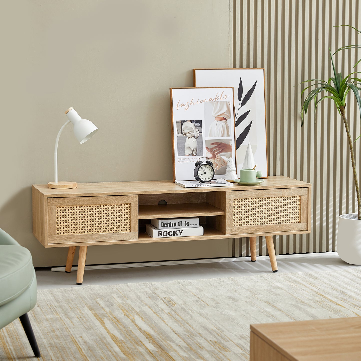 55.12' Rattan TV cabinet, double sliding doors for storage,  adjustable shelf, solid wood legs, TV console for living room ,natural