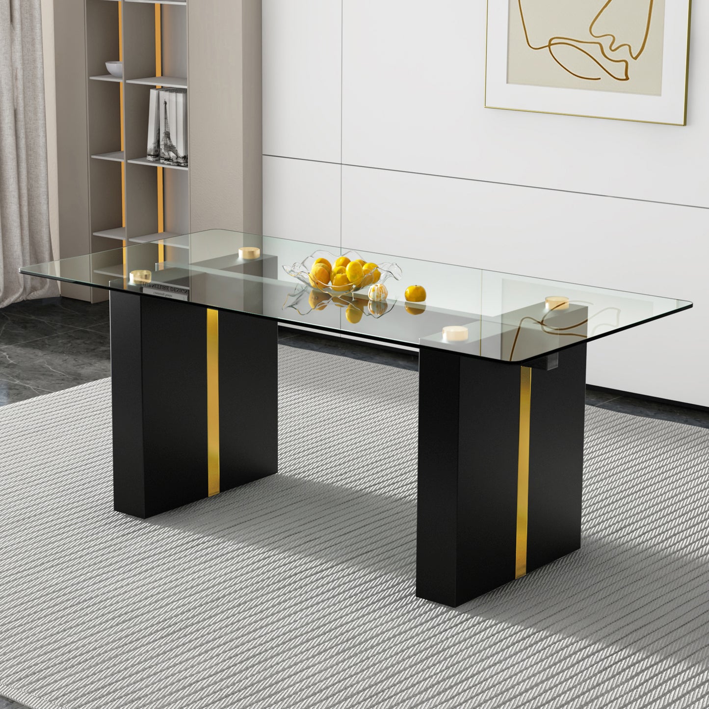 Large modern simple rectangular glass table, which can accommodate 6-8 people, equipped with 0.39-inch tempered glass table top and large MDF table legs, used for kitchen, dining room, living room1546