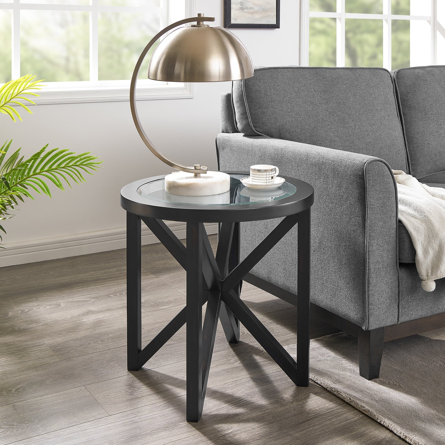 Modern simple glass coffee table, tempered glass coffee table solid wood base round transparent glass top modern living room terrace study coffee table