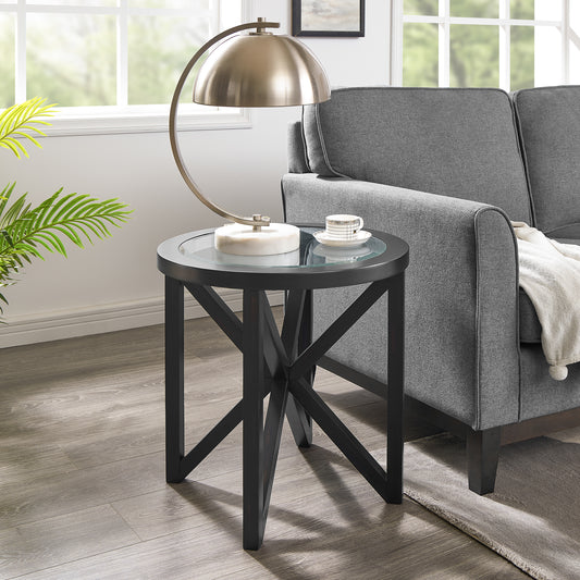 Modern simple glass coffee table, tempered glass coffee table solid wood base round transparent glass top modern living room terrace study coffee table