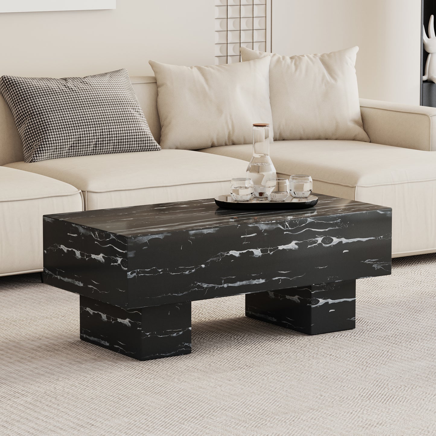 The black coffee table has patterns. Modern rectangular table, suitable for living rooms and apartments. 43.3'*21.6'*17.2'